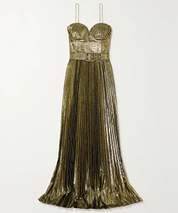 Josie belted metallic plissé-lamé gown