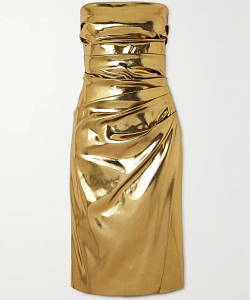 Strapless ruched metallic coated-satin dress