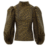 Леопардовая блуза GANNI с пышными рукавами и жаккардовым принтом