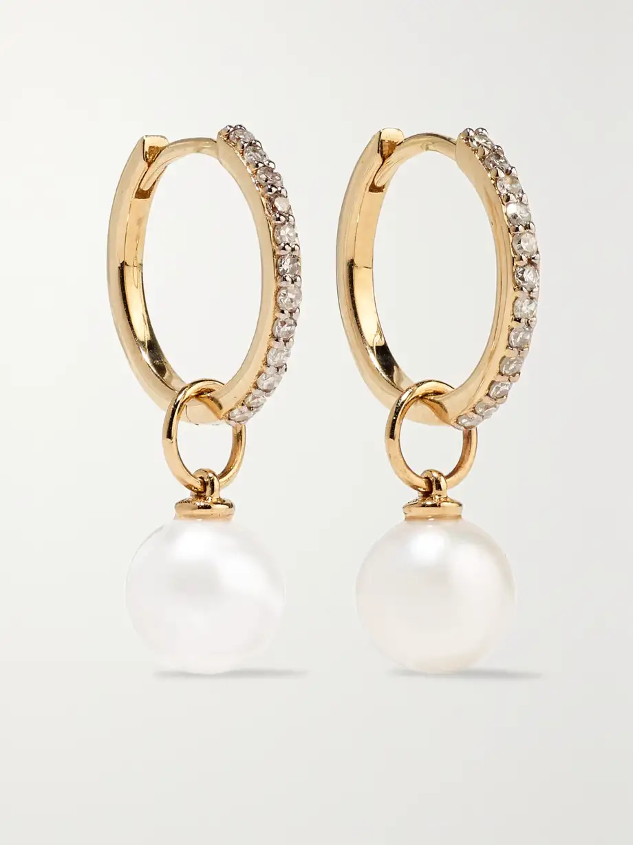 Mateo 14-karat gold, diamond and pearl hoop earrings