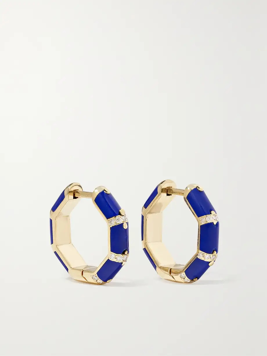 L’Atelier Nawbar Bamboo 18-karat gold, lapis lazuli and diamond hoop earrings